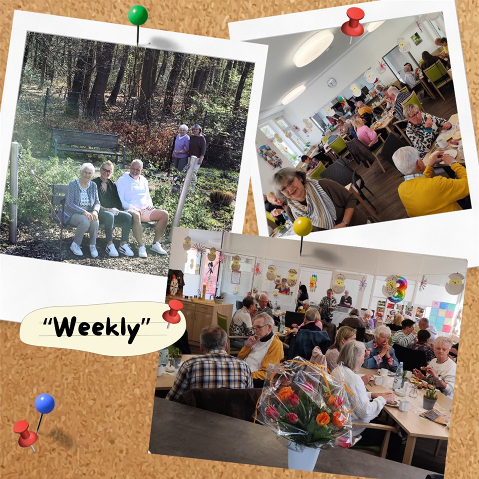 Collage aus drei Fotos: gemeinsames Frühstück im gefüllten Saal, Spazieren und Ausruhen auf einer Bank im Garten