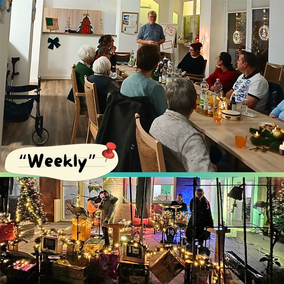 Collage mit zwei Fotos: Menschen sitzen um einen großen Tisch, vor ihnen steht der Dozent; Konzertbühne mit Band, weihnachtlich beleuchtet