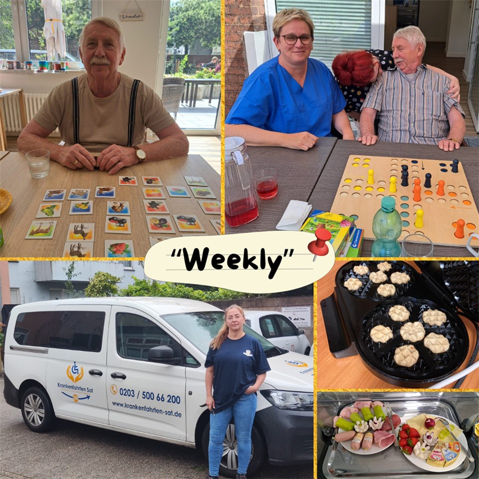 Collage: Fahrzeug mit Fahrerin davor stehend, Waffeleisen mit kleinen Waffeln, Frühstücksbuffet, Gast beim Spielen
