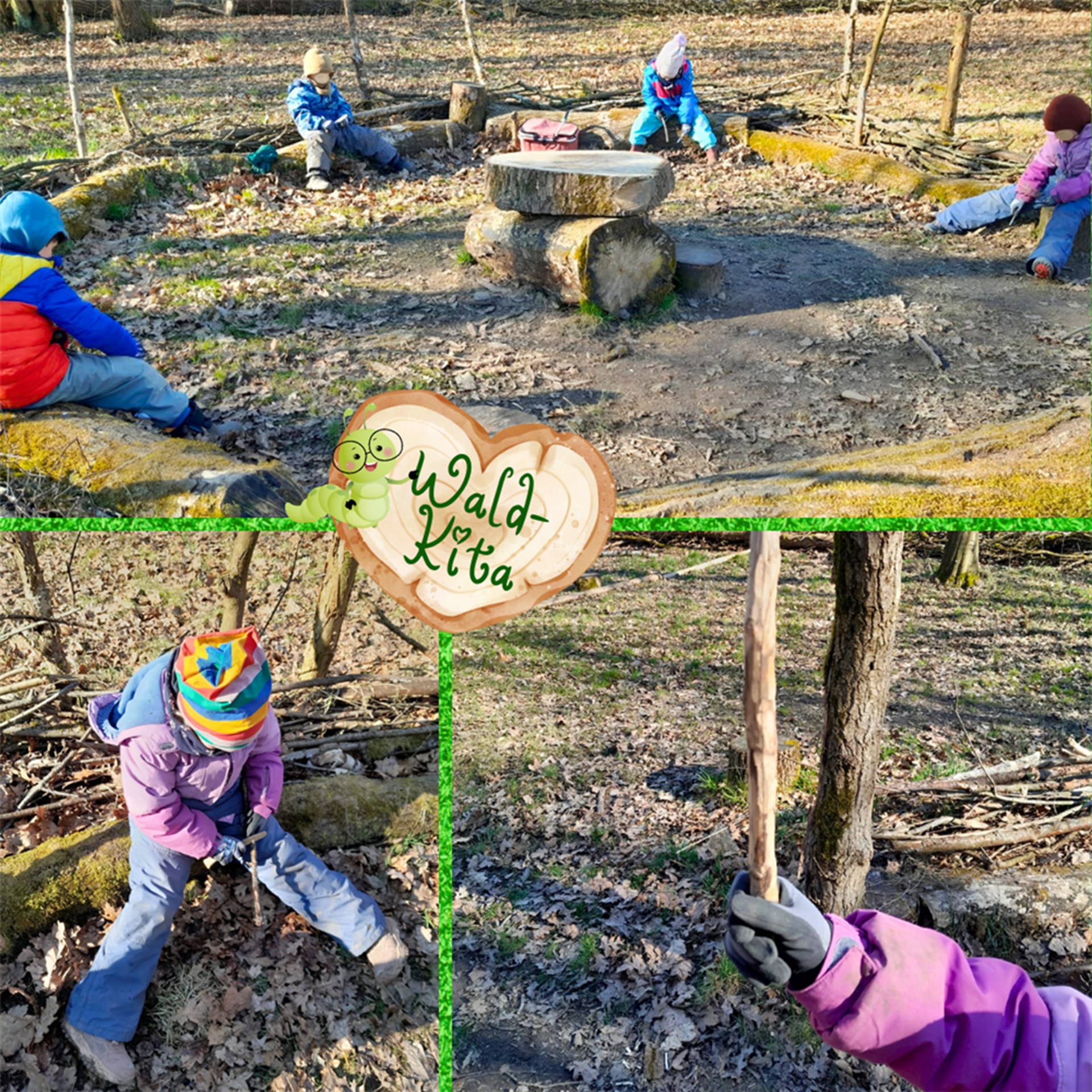 Collage aus drei Fotos von Kindern im Wald, die an ihren Stöcken schnitzen