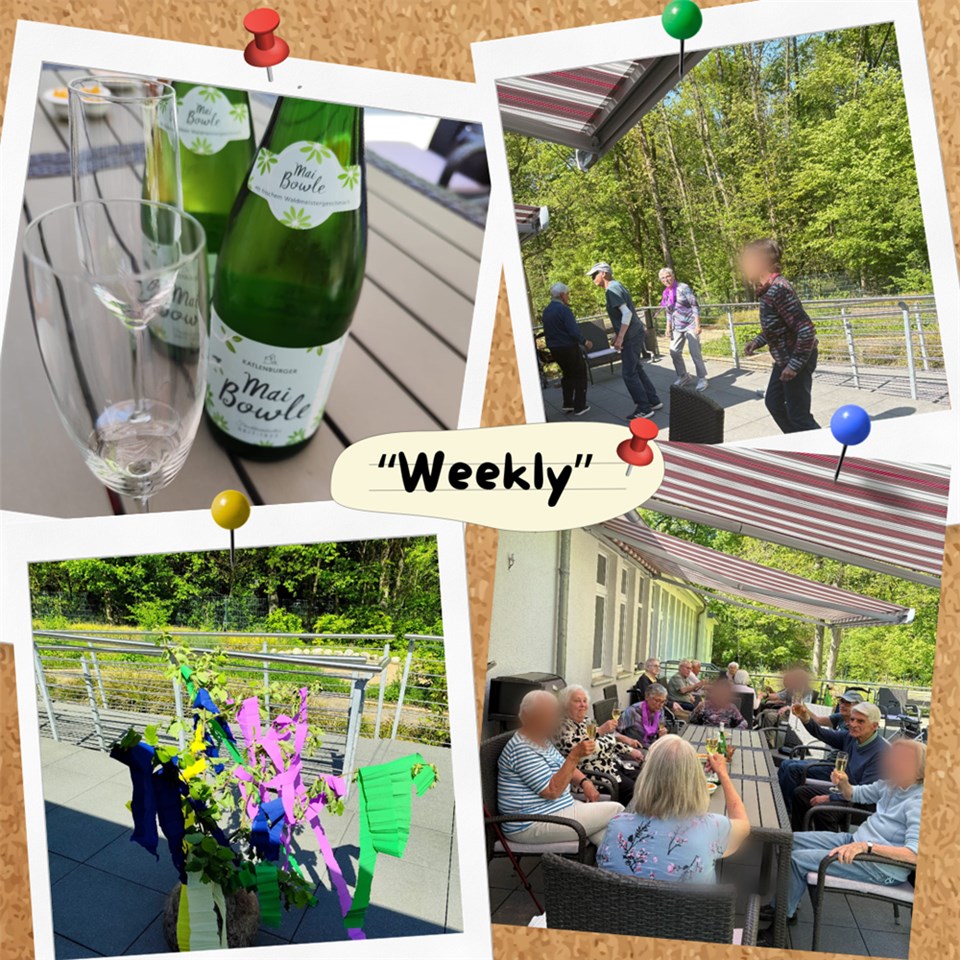 Collage aus vier Fotos: Maibowle und Gläser auf dem Tisch, geschmückter Maibaum auf der Terrasse, Gäste sitzen zusammen an einem langen Terrassentisch, Gäste tanzen auf der Terrasse