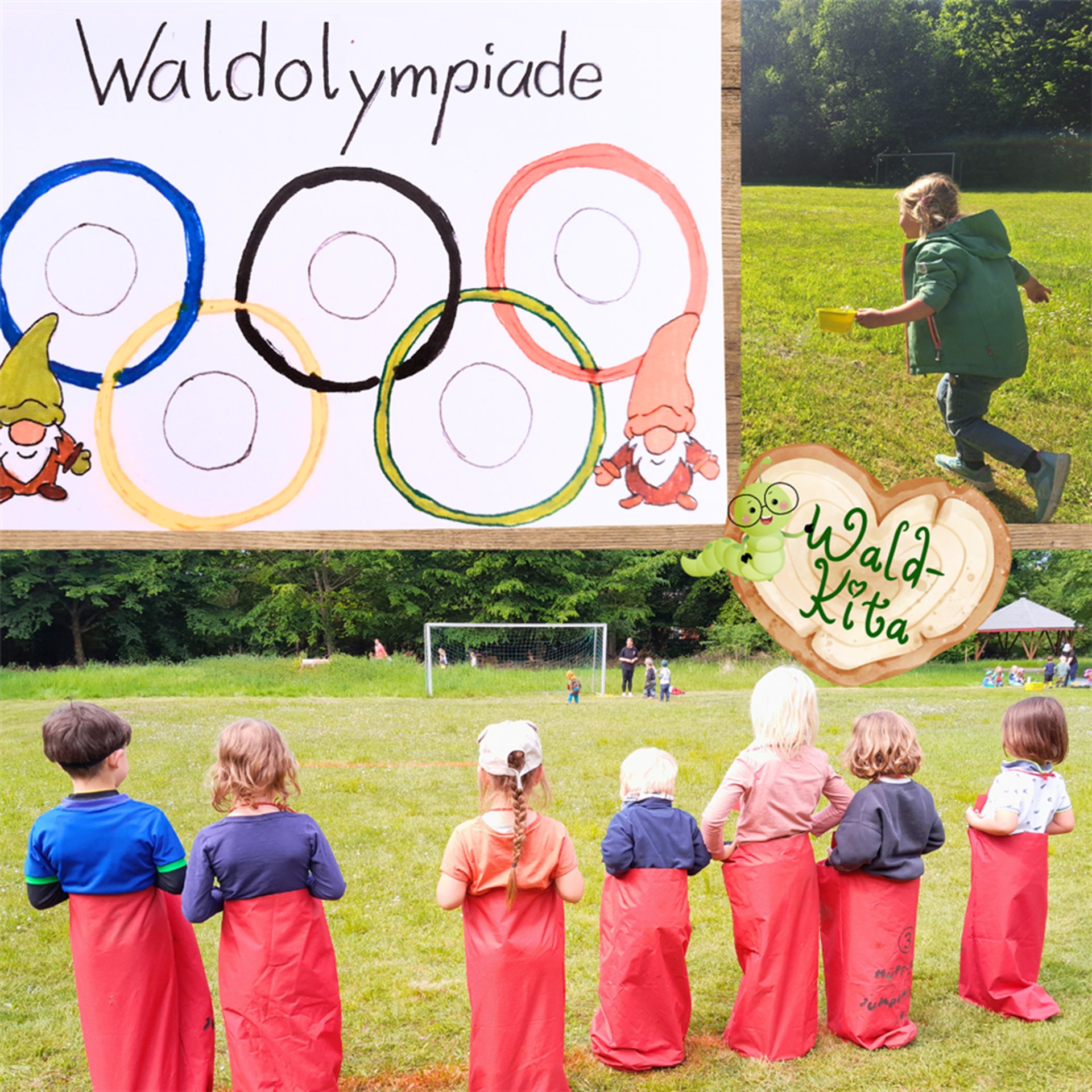 Collage aus drei Fotos: gemaltes Plakat der Waldolympiade, ein Mädchen beim Staffellauf, Kinder von hinten in einer Reihe in roten Säcken zum Sackhüpfen