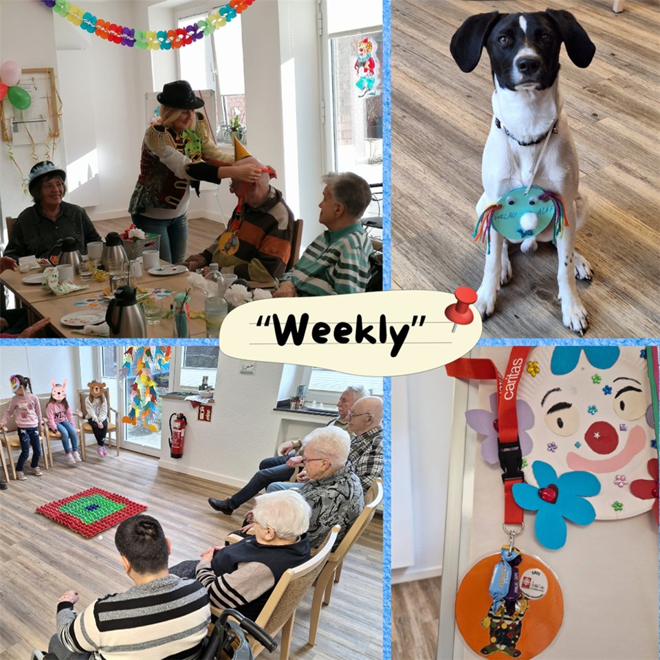 Collage aus vier Fotos: Gäste und Mitarbeitende feiernd am Tisch, Hund Jack mit Orden, Kinder und Gäste beim Spielen, gebastelter Orden