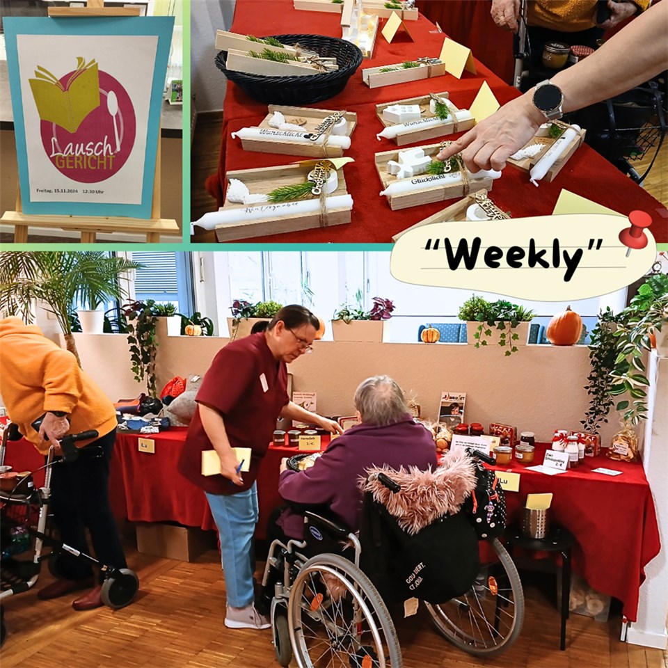 Collage aus drei Fotos: Plakat des Lauschgerichts, zahlreiche Kerzenständer auf einem Markttisch, Mitarbeiterin und Seniorin vor einem Markttisch
