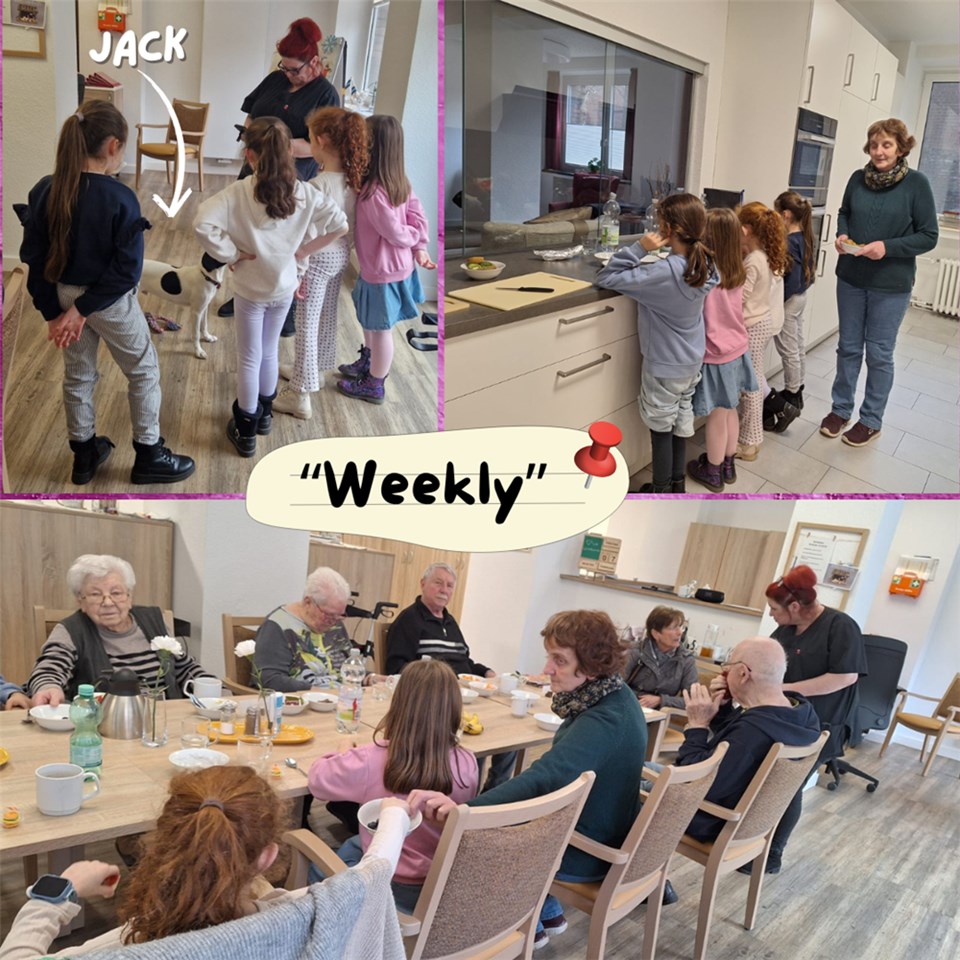 Collage aus drei Fotos: Kinder mit Hund Jack, Kinder in der Küche, Kinder mit Senior*innen am Tisch